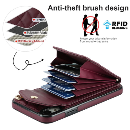 For iPhone XR Rhombic Texture Card Bag Phone Case with Long Lanyard(Wine Red) - More iPhone Cases by buy2fix | Online Shopping UK | buy2fix