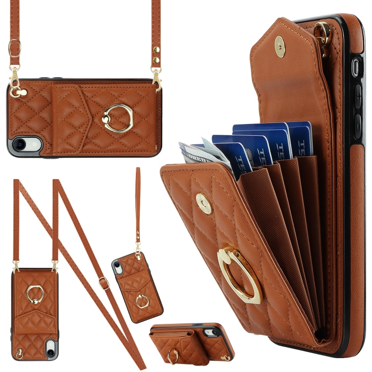 For iPhone XR Rhombic Texture Card Bag Phone Case with Long Lanyard(Brown) - More iPhone Cases by buy2fix | Online Shopping UK | buy2fix