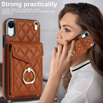For iPhone XR Rhombic Texture Card Bag Phone Case with Long Lanyard(Brown) - More iPhone Cases by buy2fix | Online Shopping UK | buy2fix