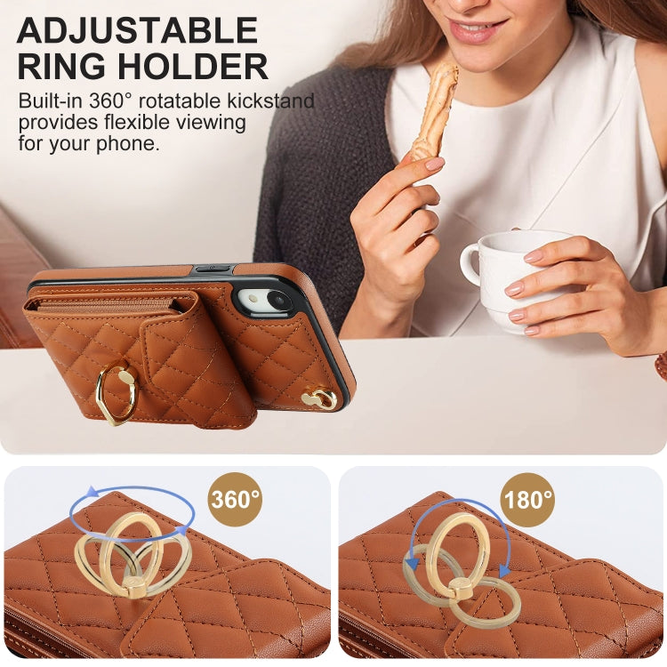 For iPhone XR Rhombic Texture Card Bag Phone Case with Long Lanyard(Brown) - More iPhone Cases by buy2fix | Online Shopping UK | buy2fix