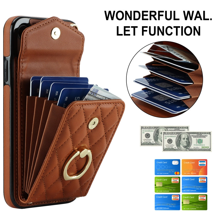 For iPhone XR Rhombic Texture Card Bag Phone Case with Long Lanyard(Brown) - More iPhone Cases by buy2fix | Online Shopping UK | buy2fix