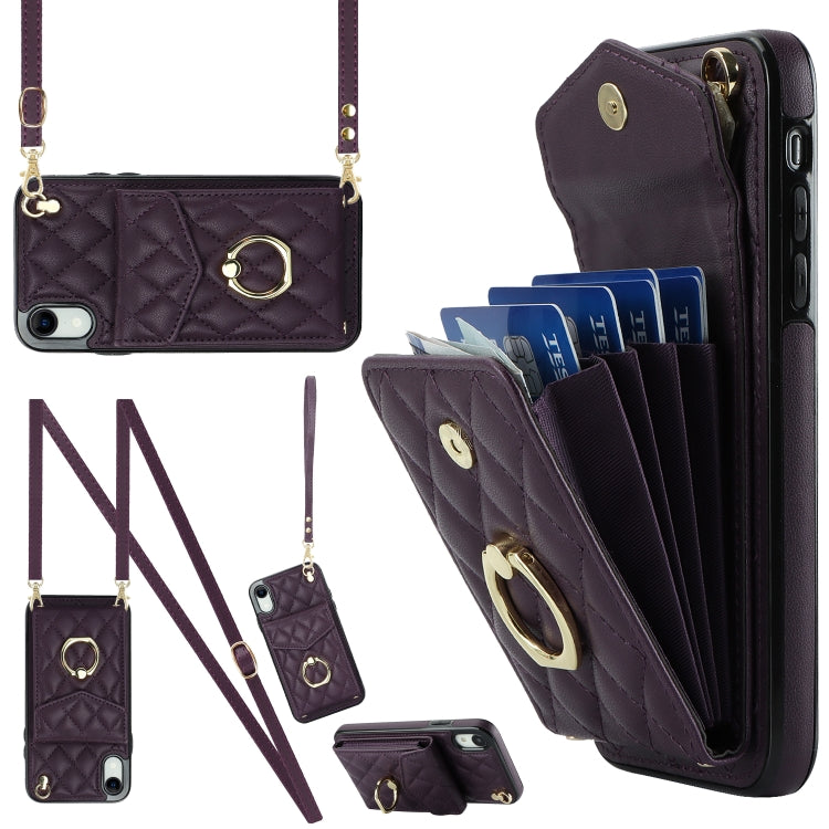 For iPhone XR Rhombic Texture Card Bag Phone Case with Long Lanyard(Dark Purple) - More iPhone Cases by buy2fix | Online Shopping UK | buy2fix