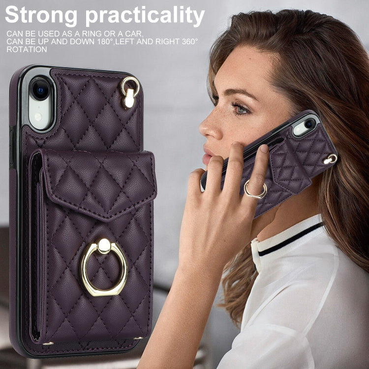 For iPhone XR Rhombic Texture Card Bag Phone Case with Long Lanyard(Dark Purple) - More iPhone Cases by buy2fix | Online Shopping UK | buy2fix