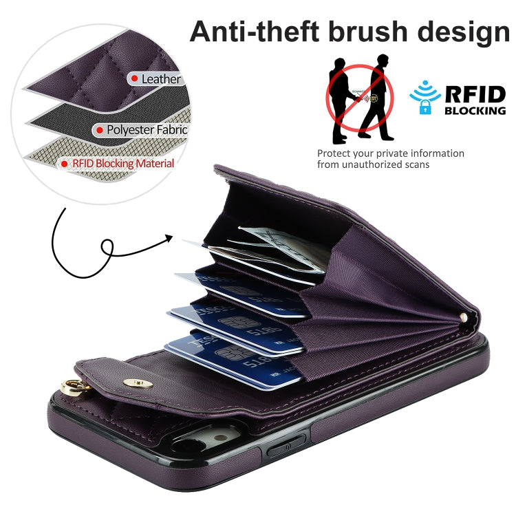 For iPhone XR Rhombic Texture Card Bag Phone Case with Long Lanyard(Dark Purple) - More iPhone Cases by buy2fix | Online Shopping UK | buy2fix