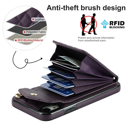 For iPhone XR Rhombic Texture Card Bag Phone Case with Long Lanyard(Dark Purple) - More iPhone Cases by buy2fix | Online Shopping UK | buy2fix