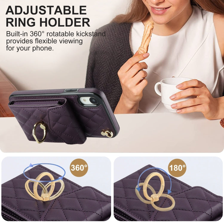 For iPhone XR Rhombic Texture Card Bag Phone Case with Long Lanyard(Dark Purple) - More iPhone Cases by buy2fix | Online Shopping UK | buy2fix