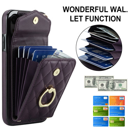 For iPhone XR Rhombic Texture Card Bag Phone Case with Long Lanyard(Dark Purple) - More iPhone Cases by buy2fix | Online Shopping UK | buy2fix