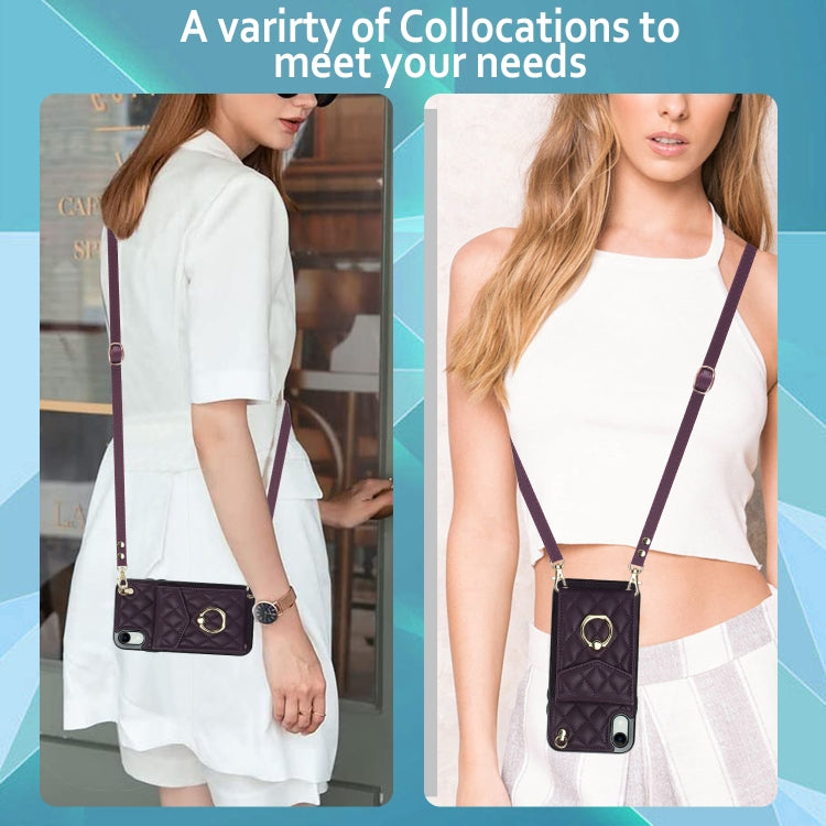For iPhone XR Rhombic Texture Card Bag Phone Case with Long Lanyard(Dark Purple) - More iPhone Cases by buy2fix | Online Shopping UK | buy2fix