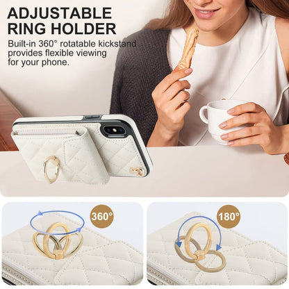 For iPhone XS Max Rhombic Texture Card Bag Phone Case with Long Lanyard(White) - More iPhone Cases by buy2fix | Online Shopping UK | buy2fix