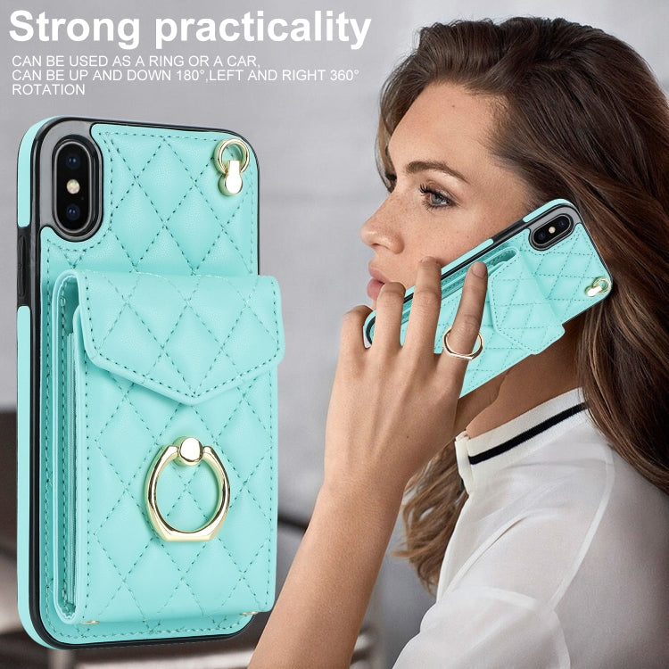 For iPhone XS Max Rhombic Texture Card Bag Phone Case with Long Lanyard(Mint Green) - More iPhone Cases by buy2fix | Online Shopping UK | buy2fix