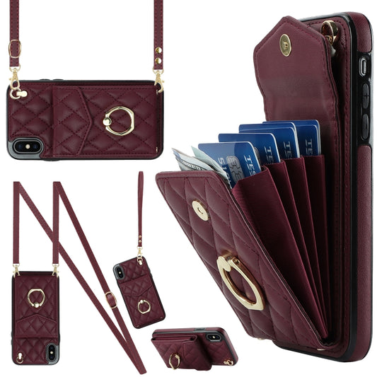 For iPhone XS Max Rhombic Texture Card Bag Phone Case with Long Lanyard(Wine Red) - More iPhone Cases by buy2fix | Online Shopping UK | buy2fix
