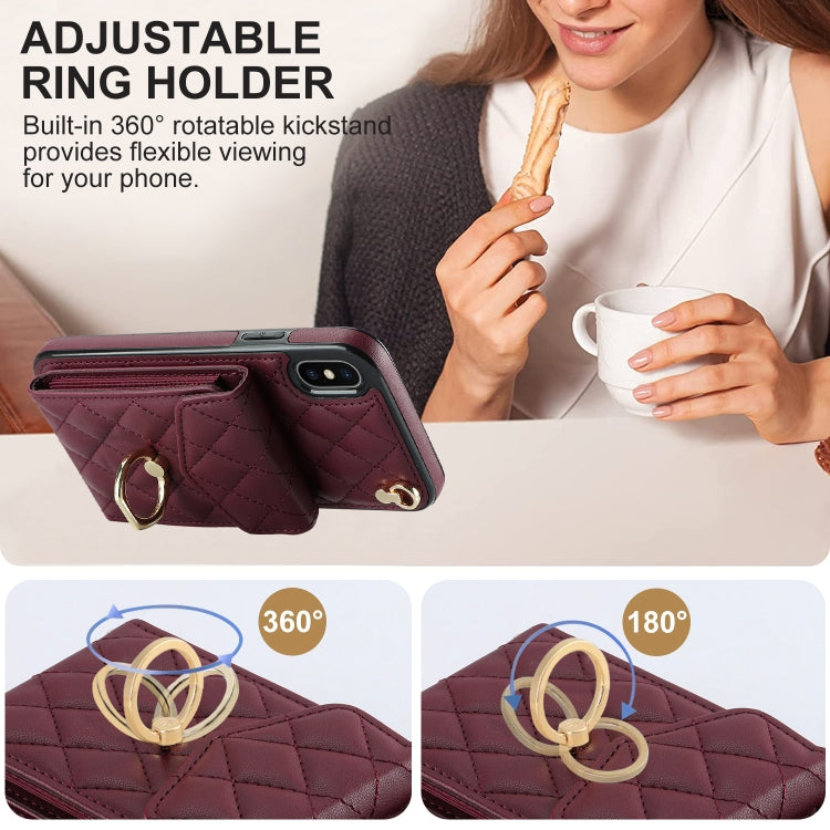 For iPhone XS Max Rhombic Texture Card Bag Phone Case with Long Lanyard(Wine Red) - More iPhone Cases by buy2fix | Online Shopping UK | buy2fix