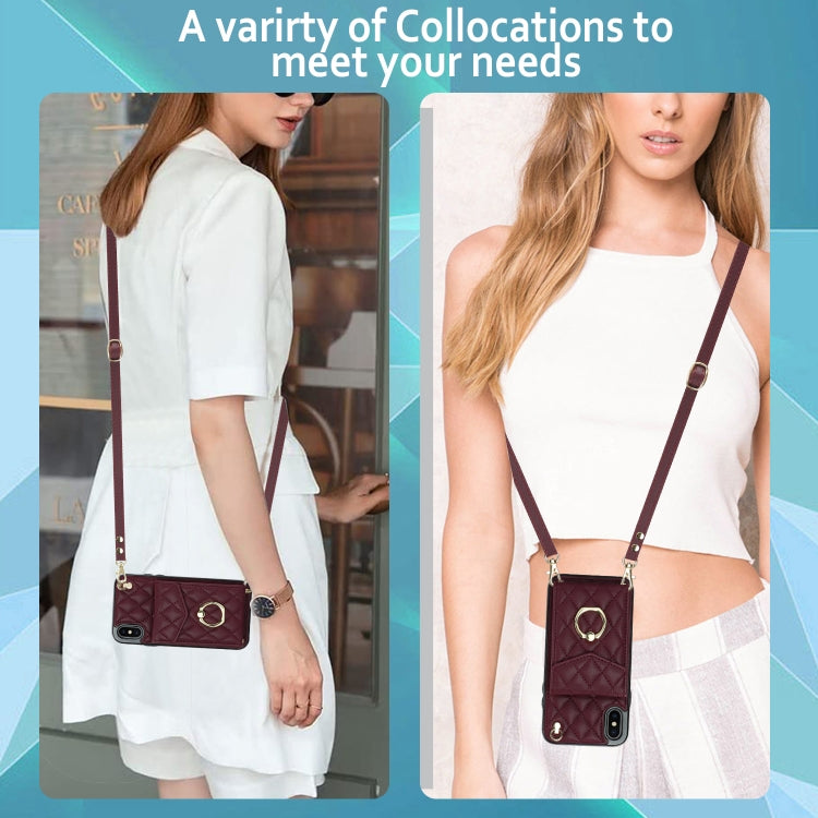 For iPhone XS Max Rhombic Texture Card Bag Phone Case with Long Lanyard(Wine Red) - More iPhone Cases by buy2fix | Online Shopping UK | buy2fix