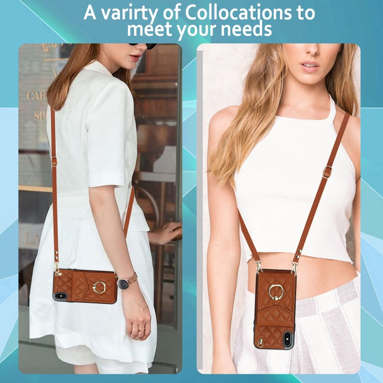 For iPhone XS Max Rhombic Texture Card Bag Phone Case with Long Lanyard(Brown) - More iPhone Cases by buy2fix | Online Shopping UK | buy2fix