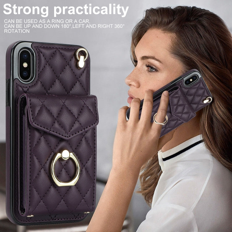 For iPhone XS Max Rhombic Texture Card Bag Phone Case with Long Lanyard(Dark Purple) - More iPhone Cases by buy2fix | Online Shopping UK | buy2fix