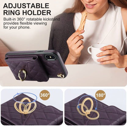 For iPhone XS Max Rhombic Texture Card Bag Phone Case with Long Lanyard(Dark Purple) - More iPhone Cases by buy2fix | Online Shopping UK | buy2fix