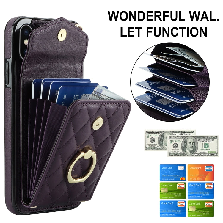For iPhone XS Max Rhombic Texture Card Bag Phone Case with Long Lanyard(Dark Purple) - More iPhone Cases by buy2fix | Online Shopping UK | buy2fix