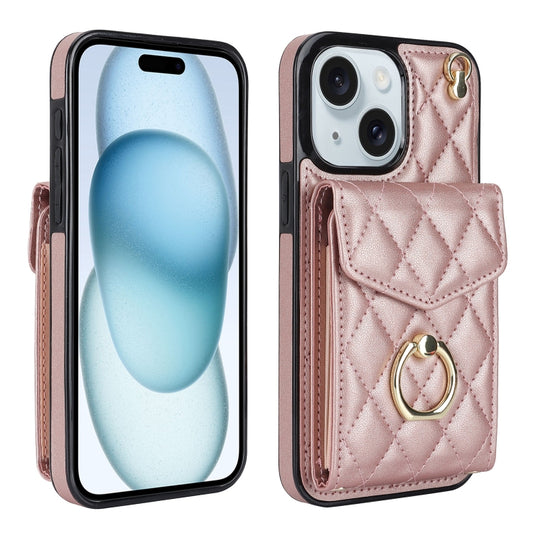For iPhone 15 Rhombic Texture Card Bag Phone Case with Long Lanyard(Rose Gold) - iPhone 15 Cases by buy2fix | Online Shopping UK | buy2fix
