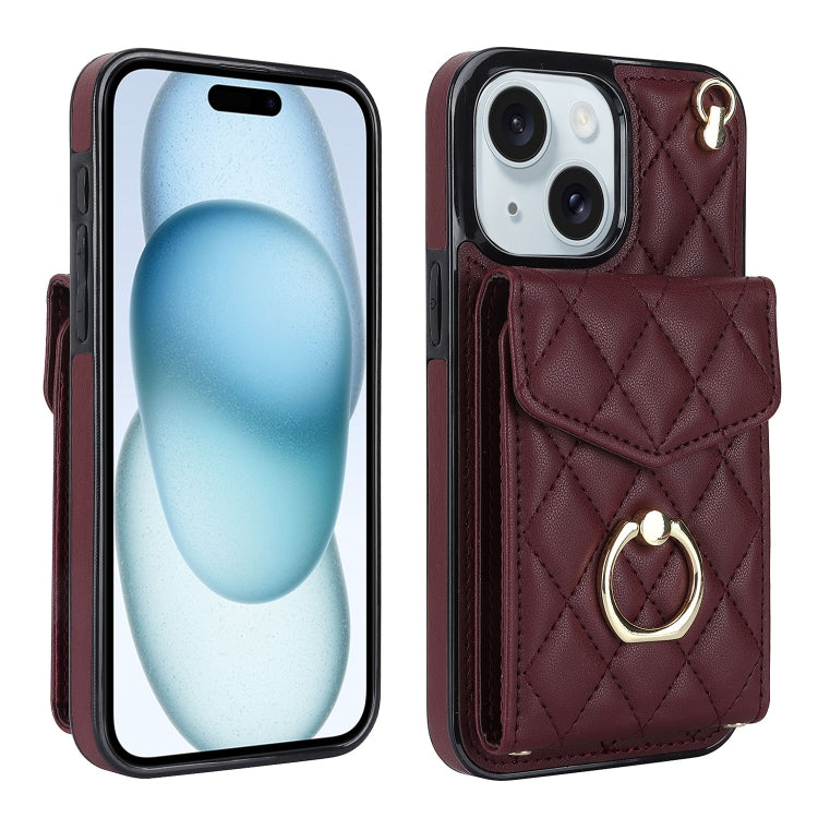 For iPhone 15 Rhombic Texture Card Bag Phone Case with Long Lanyard(Wine Red) - iPhone 15 Cases by buy2fix | Online Shopping UK | buy2fix