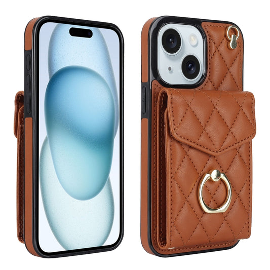 For iPhone 15 Rhombic Texture Card Bag Phone Case with Long Lanyard(Brown) - iPhone 15 Cases by buy2fix | Online Shopping UK | buy2fix