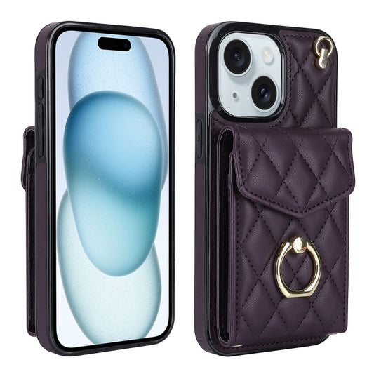 For iPhone 15 Rhombic Texture Card Bag Phone Case with Long Lanyard(Dark Purple) - iPhone 15 Cases by buy2fix | Online Shopping UK | buy2fix
