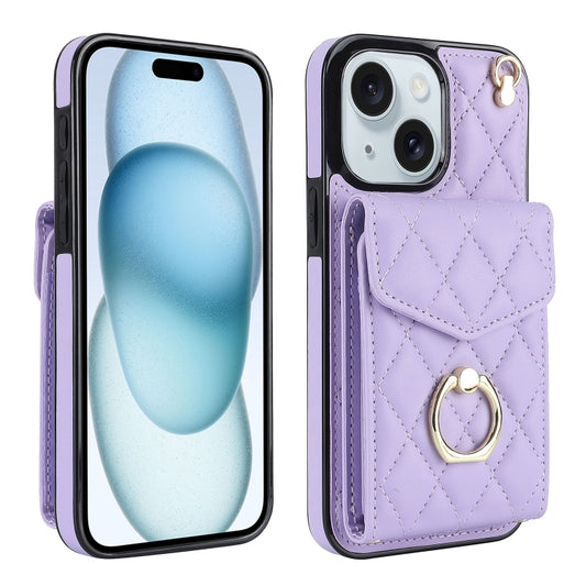 For iPhone 15 Rhombic Texture Card Bag Phone Case with Long Lanyard(Light Purple) - iPhone 15 Cases by buy2fix | Online Shopping UK | buy2fix
