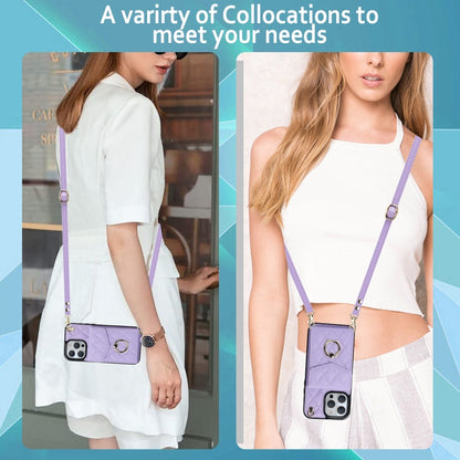 For iPhone 15 Rhombic Texture Card Bag Phone Case with Long Lanyard(Light Purple) - iPhone 15 Cases by buy2fix | Online Shopping UK | buy2fix