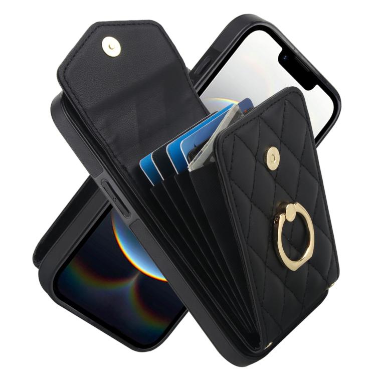 For iPhone 16e Rhombic Texture Card Bag Phone Case with Long Lanyard(Black) - iPhone 16e Cases by buy2fix | Online Shopping UK | buy2fix