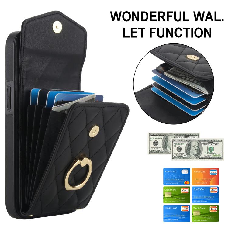For iPhone 16e Rhombic Texture Card Bag Phone Case with Long Lanyard(Black) - iPhone 16e Cases by buy2fix | Online Shopping UK | buy2fix