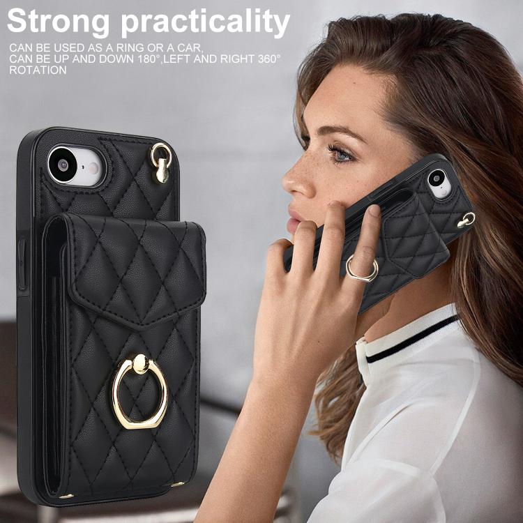 For iPhone 16e Rhombic Texture Card Bag Phone Case with Long Lanyard(Black) - iPhone 16e Cases by buy2fix | Online Shopping UK | buy2fix