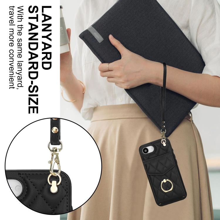For iPhone 16e Rhombic Texture Card Bag Phone Case with Long Lanyard(Black) - iPhone 16e Cases by buy2fix | Online Shopping UK | buy2fix