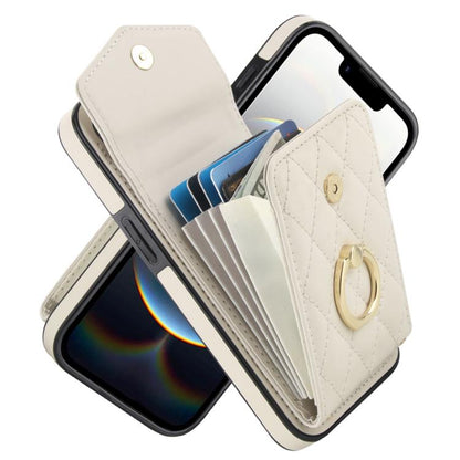 For iPhone 16e Rhombic Texture Card Bag Phone Case with Long Lanyard(White) - iPhone 16e Cases by buy2fix | Online Shopping UK | buy2fix
