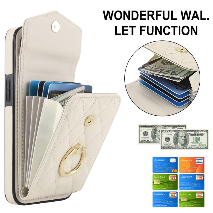 For iPhone 16e Rhombic Texture Card Bag Phone Case with Long Lanyard(White) - iPhone 16e Cases by buy2fix | Online Shopping UK | buy2fix