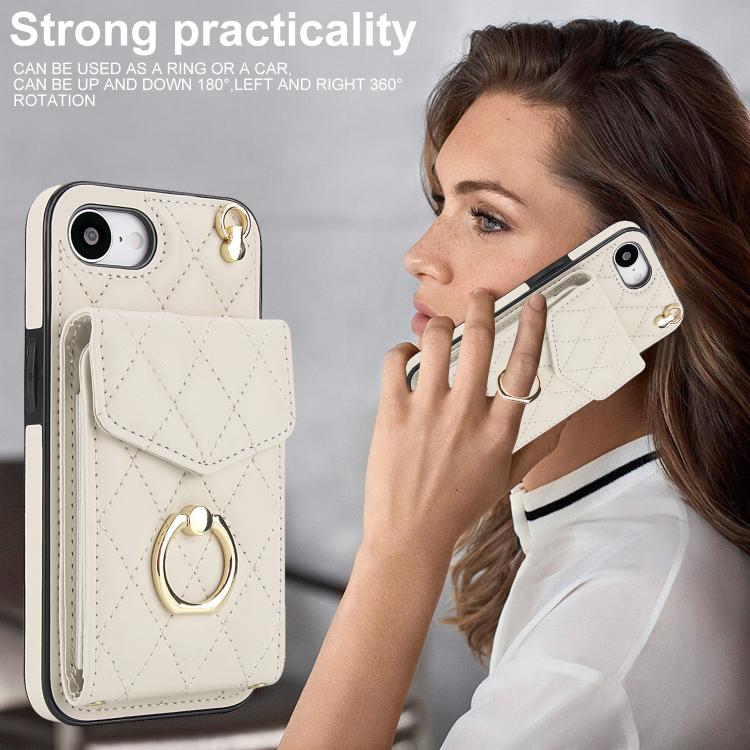 For iPhone 16e Rhombic Texture Card Bag Phone Case with Long Lanyard(White) - iPhone 16e Cases by buy2fix | Online Shopping UK | buy2fix