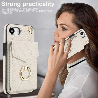 For iPhone 16e Rhombic Texture Card Bag Phone Case with Long Lanyard(White) - iPhone 16e Cases by buy2fix | Online Shopping UK | buy2fix