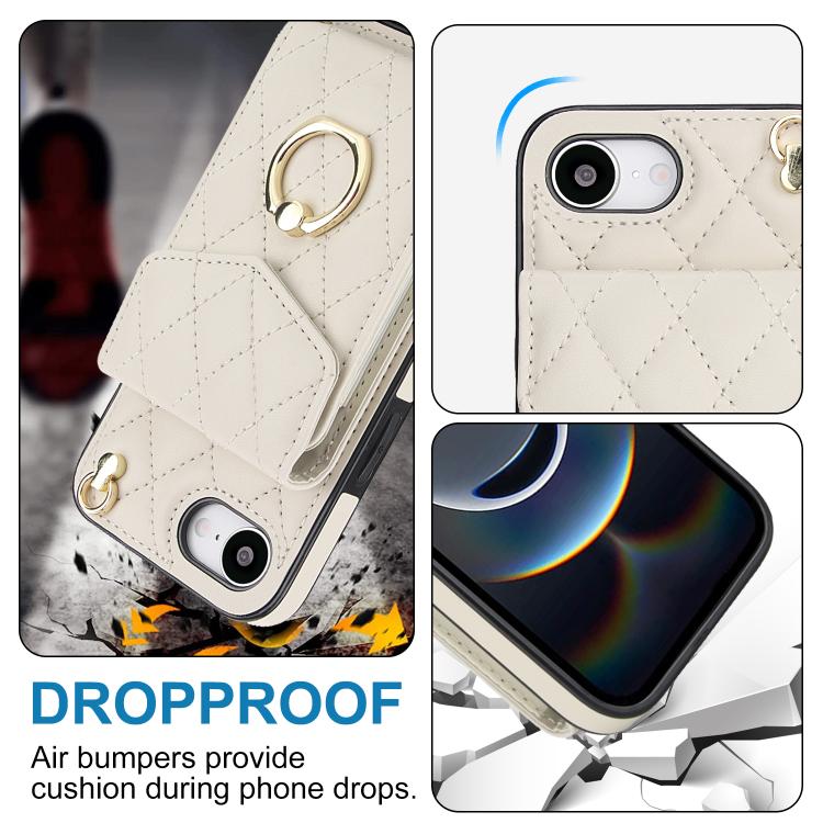 For iPhone 16e Rhombic Texture Card Bag Phone Case with Long Lanyard(White) - iPhone 16e Cases by buy2fix | Online Shopping UK | buy2fix