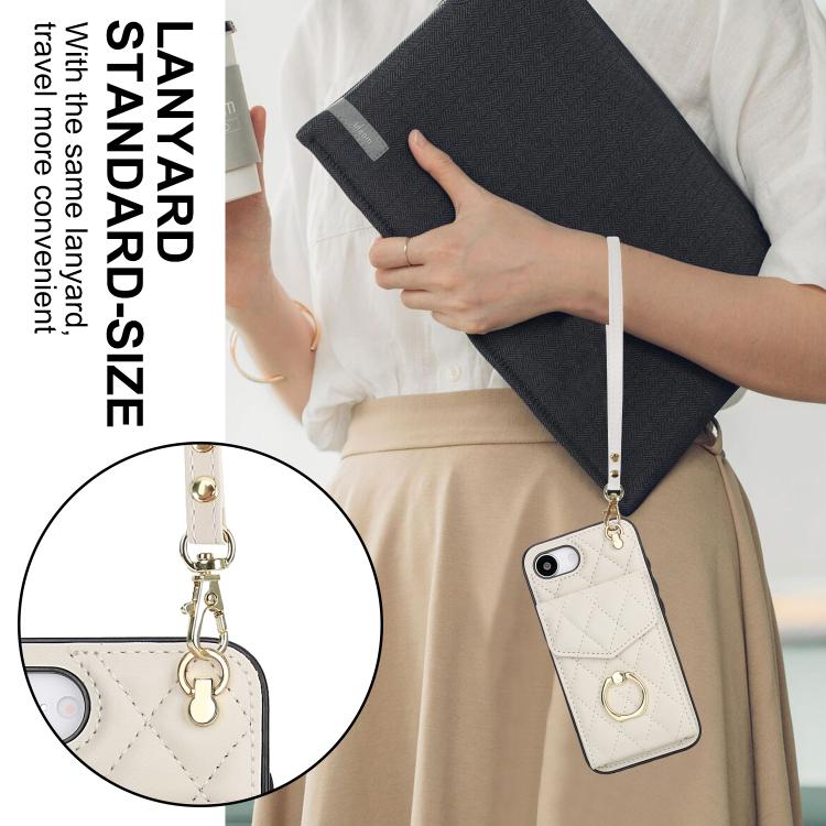 For iPhone 16e Rhombic Texture Card Bag Phone Case with Long Lanyard(White) - iPhone 16e Cases by buy2fix | Online Shopping UK | buy2fix