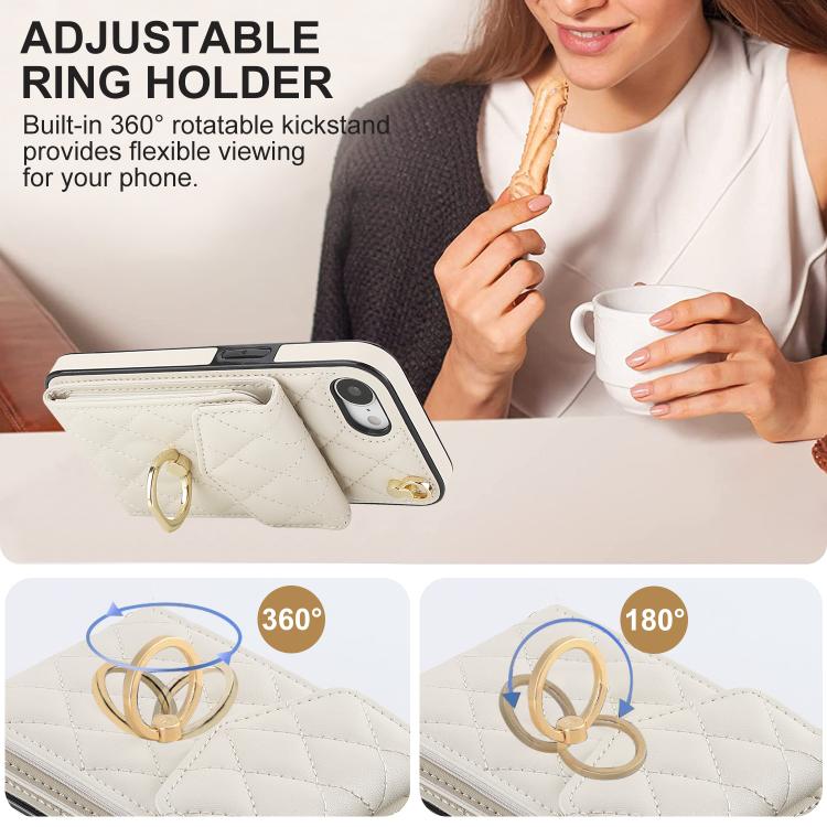 For iPhone 16e Rhombic Texture Card Bag Phone Case with Long Lanyard(White) - iPhone 16e Cases by buy2fix | Online Shopping UK | buy2fix