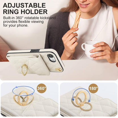 For iPhone 16e Rhombic Texture Card Bag Phone Case with Long Lanyard(White) - iPhone 16e Cases by buy2fix | Online Shopping UK | buy2fix