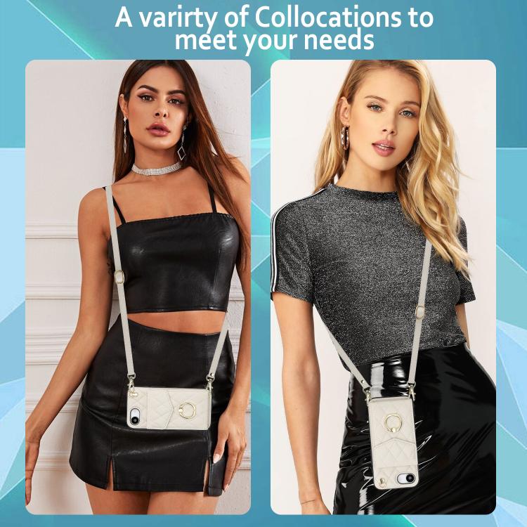 For iPhone 16e Rhombic Texture Card Bag Phone Case with Long Lanyard(White) - iPhone 16e Cases by buy2fix | Online Shopping UK | buy2fix