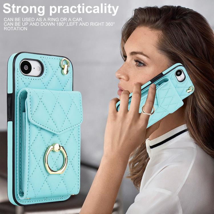 For iPhone 16e Rhombic Texture Card Bag Phone Case with Long Lanyard(Mint Green) - iPhone 16e Cases by buy2fix | Online Shopping UK | buy2fix