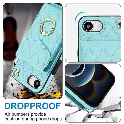 For iPhone 16e Rhombic Texture Card Bag Phone Case with Long Lanyard(Mint Green) - iPhone 16e Cases by buy2fix | Online Shopping UK | buy2fix