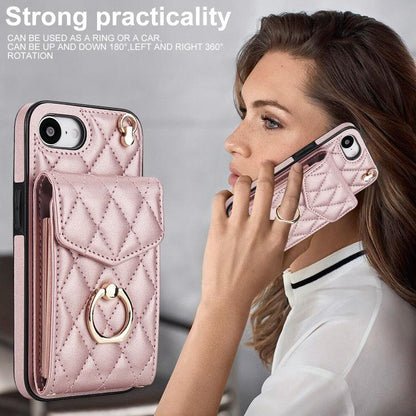 For iPhone 16e Rhombic Texture Card Bag Phone Case with Long Lanyard(Rose Gold) - iPhone 16e Cases by buy2fix | Online Shopping UK | buy2fix