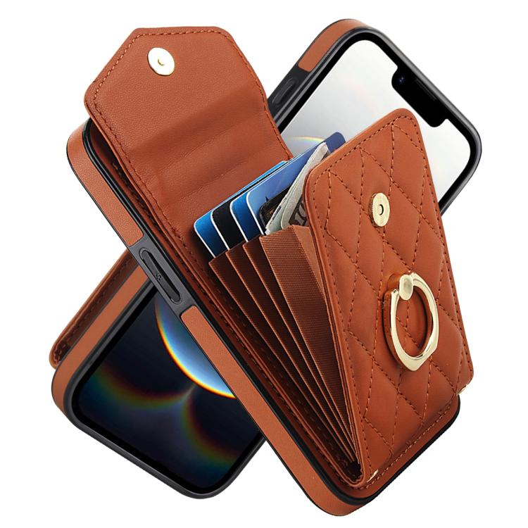 For iPhone 16e Rhombic Texture Card Bag Phone Case with Long Lanyard(Brown) - iPhone 16e Cases by buy2fix | Online Shopping UK | buy2fix