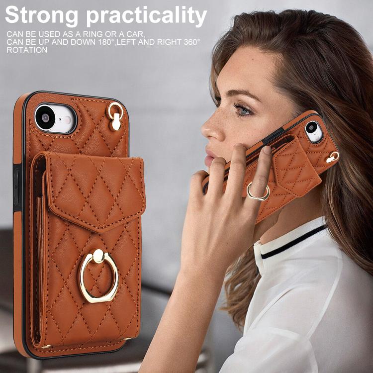 For iPhone 16e Rhombic Texture Card Bag Phone Case with Long Lanyard(Brown) - iPhone 16e Cases by buy2fix | Online Shopping UK | buy2fix
