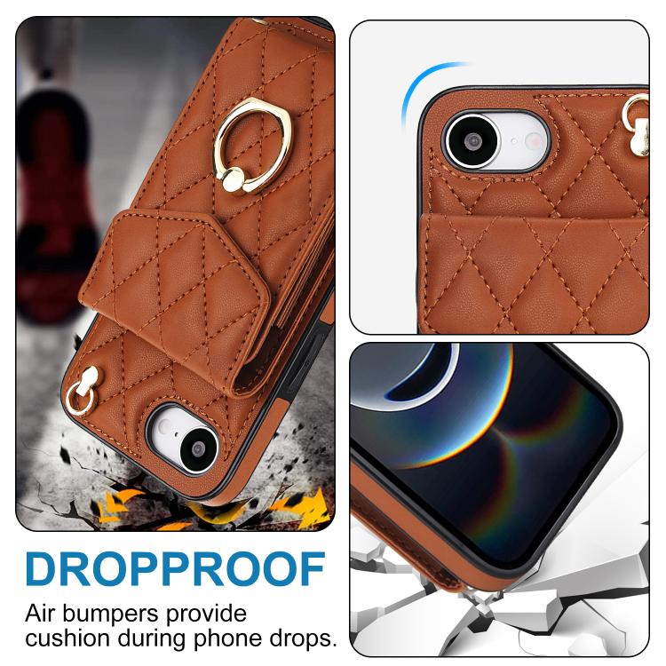 For iPhone 16e Rhombic Texture Card Bag Phone Case with Long Lanyard(Brown) - iPhone 16e Cases by buy2fix | Online Shopping UK | buy2fix
