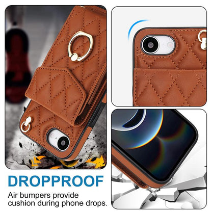 For iPhone 16e Rhombic Texture Card Bag Phone Case with Long Lanyard(Brown) - iPhone 16e Cases by buy2fix | Online Shopping UK | buy2fix