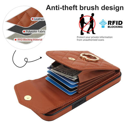 For iPhone 16e Rhombic Texture Card Bag Phone Case with Long Lanyard(Brown) - iPhone 16e Cases by buy2fix | Online Shopping UK | buy2fix