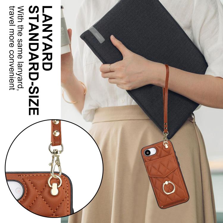 For iPhone 16e Rhombic Texture Card Bag Phone Case with Long Lanyard(Brown) - iPhone 16e Cases by buy2fix | Online Shopping UK | buy2fix