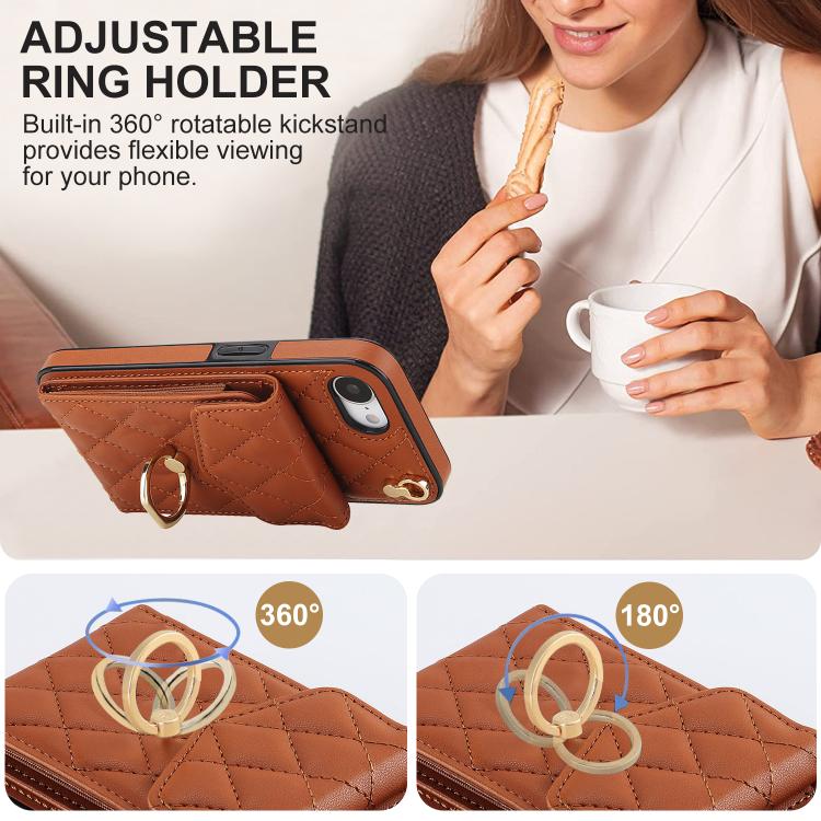 For iPhone 16e Rhombic Texture Card Bag Phone Case with Long Lanyard(Brown) - iPhone 16e Cases by buy2fix | Online Shopping UK | buy2fix